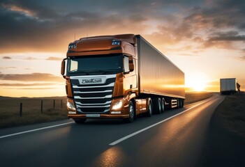 'road truck sunset van supporter transport freight speed drive move hasty fast lorry forwarding logistic street interstate product journey car driver country' - obrazy, fototapety, plakaty