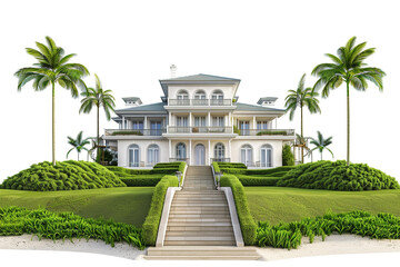 Beachfront mansion with a grand entrance and a sprawling lawn leading to the pristine sandy beach, isolated on solid white background.