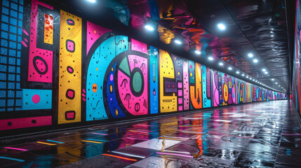 Tunnel with bright graffiti art on the walls. - 791769572