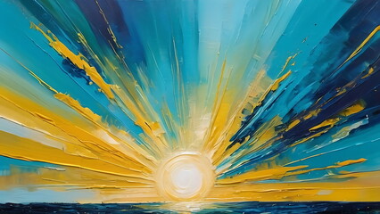 Oil Painting, Abstract scene of sunset, Colorful Artwork in blue and gold