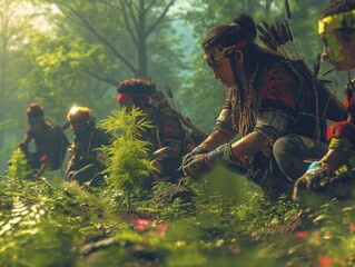 A group of people are working together to plant a tree in a lush green forest. Scene is peaceful and collaborative, as the group works together to contribute to the environment