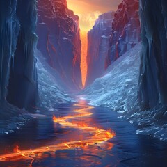 Fusion of Elements A DD Style Depicting Rivers of Lava Flowing Through Ice Canyons
