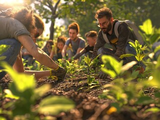 A group of people are working together to plant a garden. Scene is one of collaboration and community, as everyone is working together to create something beautiful