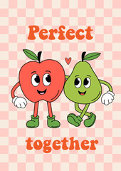 poster with cute apple and pear on a checkered background - 791770590