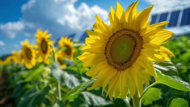 A field of sunflowers with solar panels peeking out a the flowers showcasing the potential for biofuel production to coexist with other renewable energy sources. A banner in the sky .