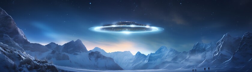 Visionary depiction of an alien encounter during the Ice Age, with a UFO silently gliding over vast glaciers under a starry sky - obrazy, fototapety, plakaty
