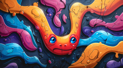 Street art composition with cartoon monster character, graffiti style. - 791771950