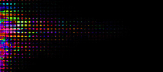 Glitch vector with neon glow pixel halftone effect. Abstract digital spectrum in vibrant hues of green, yellow, blue  and magenta