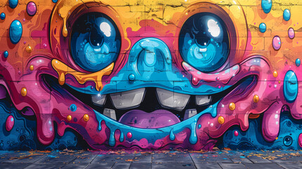 Street art composition with cartoon monster character, graffiti style. - 791772103