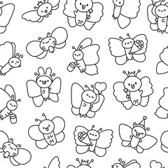 Adorable kawaii baby butterflies. Seamless pattern. Coloring Page. Cute cartoon insects with wings. Hand drawn style. Vector drawing. Design ornaments.
