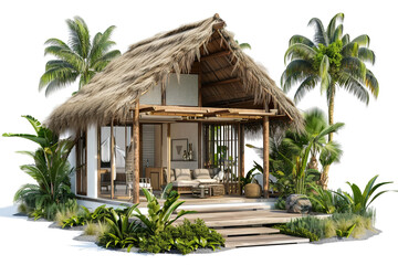 Beachside villa with a tropical garden and a private cabana for ultimate relaxation, isolated on solid white background.