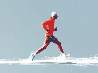 A runner man in a 2.5D cartoon style, set against a minimal sporty background, focusing on movement and simplicity