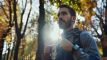 Athlete Training in City Park with Smartwatch Displaying GPS Tracking Data