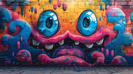 Street art composition with cartoon monster character, graffiti style.