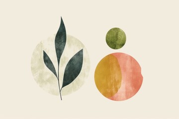 A simple, colorful illustration of abstract shapes and leaf. The shapes are simple, the lines are simple, it has a minimalist and flat design