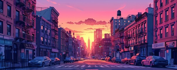 Evocative 2.5D cartoon rendering of New York City life under the ambient light of sunset, minimalist yet vivid