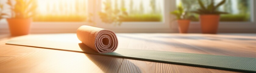 Rolled up yoga mat on the wooden floor in the room with sunlight