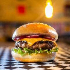 Cheeseburger diner and comforting aroma of sizzling burgers. Cosy place and ambient.