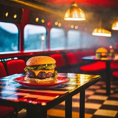 Cheeseburger diner and comforting aroma of sizzling burgers. Cosy place and ambient.