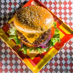 Cheeseburger diner and comforting aroma of sizzling burgers. Cosy place and ambient.