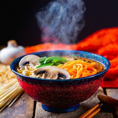 Traditional ramen steam rising from a rich broth, with mushrooms and noodles over rustic table with sides. and food on the table.