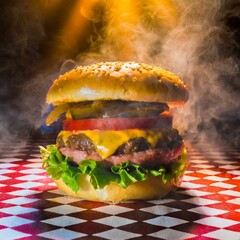 Cheeseburger diner and comforting aroma of sizzling burgers. Cosy place and ambient.
