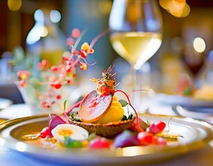 Italian culinary artistry at its finest, this photo showcases a beautifully plated dish from a glamour restaurant. A glass of white wine on the background.