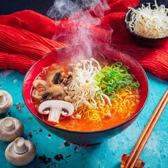 Traditional ramen steam rising from a rich broth, with mushrooms and noodles over rustic table with sides. and food on the table.