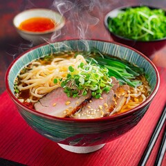 Traditional ramen steam rising from a rich broth, with mushrooms and noodles over rustic table with sides..
