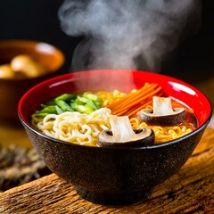 Traditional ramen steam rising from a rich broth, with mushrooms and noodles over rustic wood table.