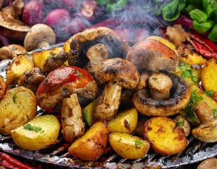 Sizzle and steam of a freshly grilled porcini mushrooms , adorned with vibrant potatoes. Steam and fire for the BBQ saison.
