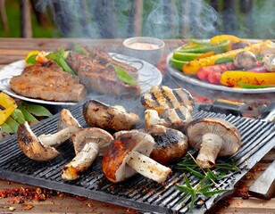 Sizzle and steam of a freshly grilled porcini mushrooms , adorned with vibrant potatoes. Steam and fire for the BBQ saison.