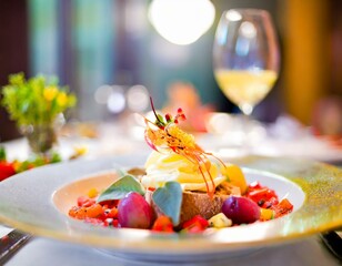 Italian culinary artistry at its finest, this photo showcases a beautifully plated dish from a glamour restaurant. A glass of white wine on the background.