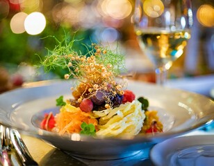 Italian culinary artistry at its finest, this photo showcases a beautifully plated dish from a glamour restaurant. A glass of white wine on the background.