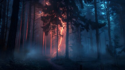 Electric Night: A Lone Lightning Strike Ignites an Eerie Forest