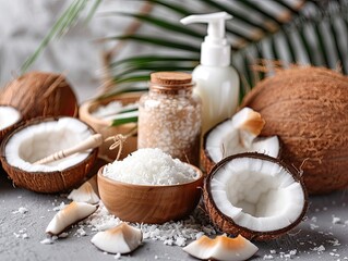 Fototapeta na wymiar Coconut Products for Hair Care: Luxurious and Nourishing - Coconut Oil, Shampoo, Conditioner, Hair Mask - Close-up of Products 