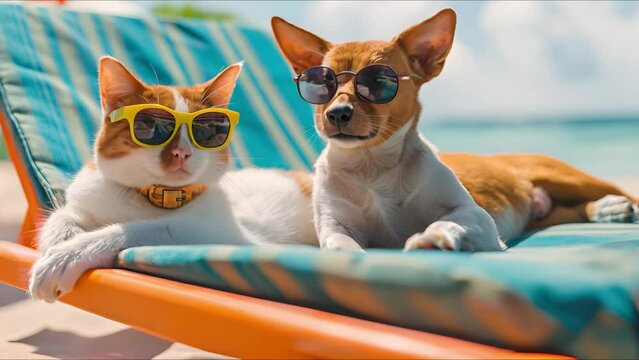 Dog and cat vacation with sunglasses lazy relax funny summer beach chair. AI Footage.