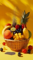 A colorful display of various fresh fruits in a wicker basket on a bright yellow backdrop, suggesting health and vitality