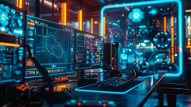 A high-tech cybersecurity control room featuring advanced computer monitors with heads-up display (HUD) interfaces and ambient neon lighting.