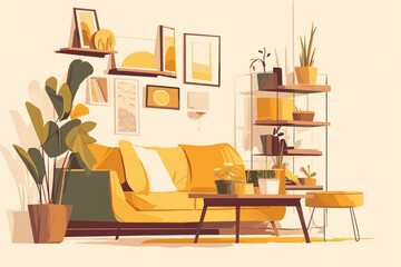 Modern living room interior with sofa, bookshelf and plants, Generative Ai