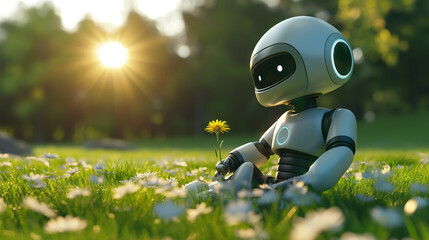 Robot lying on the green grass relaxing and admiring a flower, cute conceptual photography. Happy robot showing emotions and admiration to the Earth