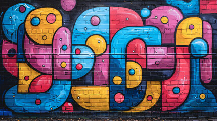 Abstract graffiti pattern on a brick wall in pink, blue and yellow colors. - 791774721