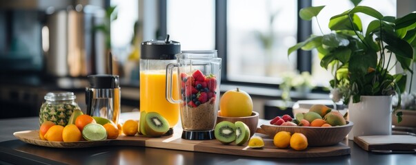 A variety of fruits and a blender on a kitchen counter. - obrazy, fototapety, plakaty