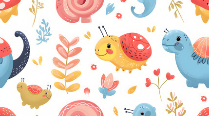 seamless pattern with snails and flowers