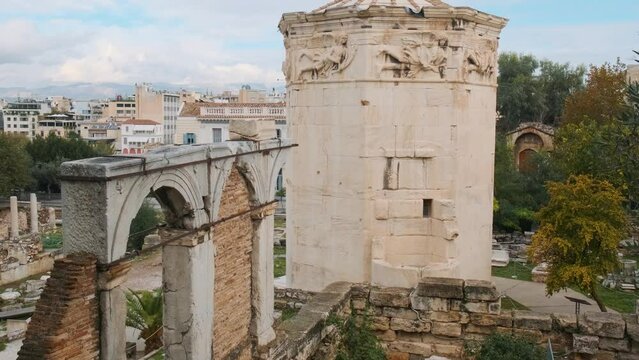 Roman Agora with Tower of the Winds at Athens city, Greece. Archeological site of the ancient Roman Forum. Famous touristic place. Travel destinatio