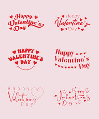 Collection of red Happy Valentine's Day lettering inscription, Set of Happy Valentine's Day text on pink background, Typographic vector art