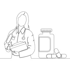 Continuous one single line drawing Woman doctor and jar of pills Pharmacy shop icon vector illustration concept