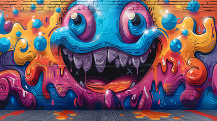Street art composition with cartoon monster character, graffiti style. - 791775309