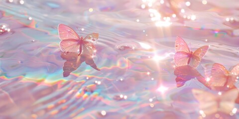 Light pink twinkling butterflies on rainbow water
