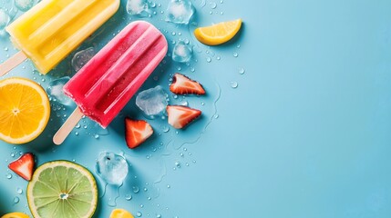 Colorful fruit popsicles with fresh kiwi, strawberry, and orange slices on a blue icy background.